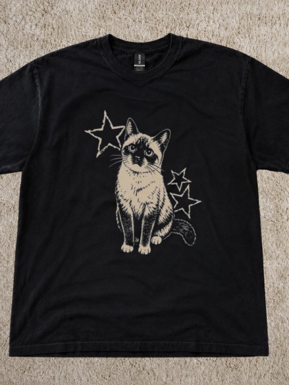 Gildan Black Tee with Cream Cat and Star Graphic